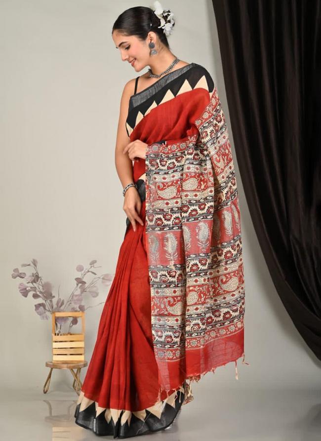 Pure Linen Cotton Red Casual Wear Pure Hand Work Saree